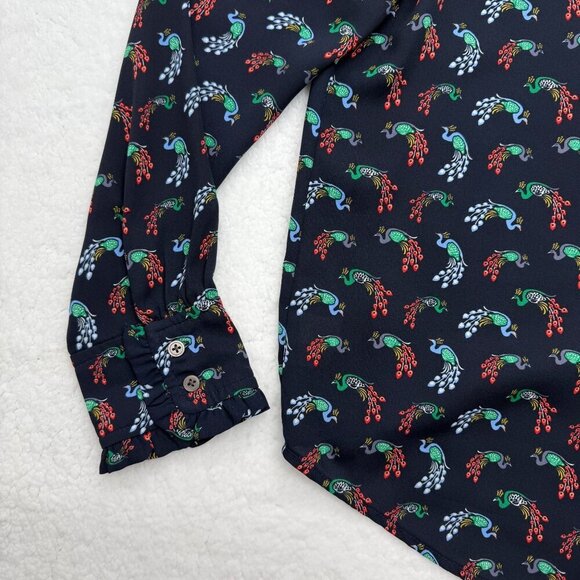 Loft Peacock Print Ruffle Neck Blouse Button Up Long Sleeve Navy Blue Size M - Picture 3 of 12